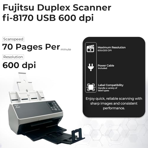 Fi-8170 Professional High Speed Color Duplex Document Scanner -1 Year Warranty, Network Enabled, Scanner High Volume with Power Adapter + USB 3.2 Cable + Microfiber Cloth Included