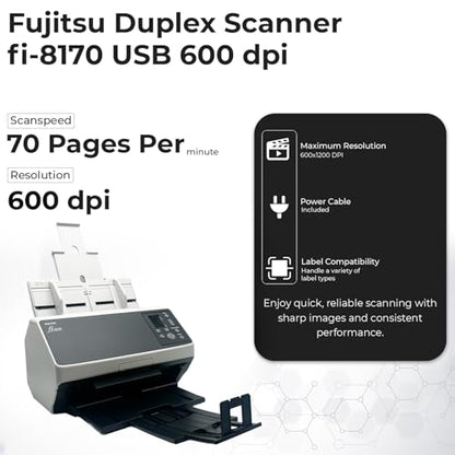 Fi-8170 Professional High Speed Color Duplex Document Scanner -1 Year Warranty, Network Enabled, Scanner High Volume with Power Adapter + USB 3.2 Cable + Microfiber Cloth Included