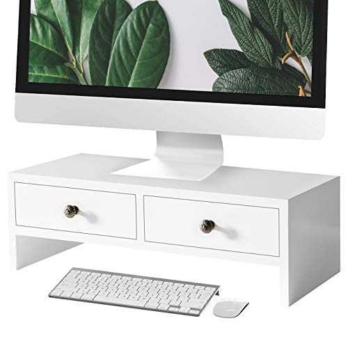 WELLAND Monitor Stand Riser with Drawers, Computer Monitor Stand, Desktop Organizer Stand for Laptop, PC, Office Supplies, White | Ergonomic Laptop Riser & Wood Desk Storage Station for PC Home Office Supplies