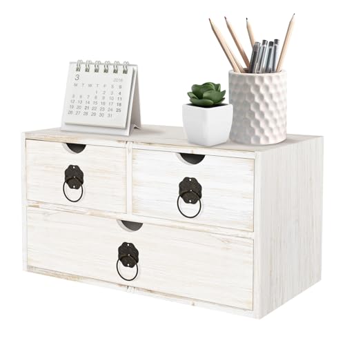 Wood Desk Organizer with Drawer, White Wooden Desktop Organizer, Tabletop Storage Organization Box for Countertop, Home Office Supplies (3 Drawer) - color: Vintage White, size: 3 Drawers