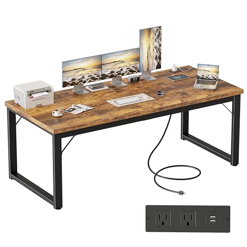 Mericonia 63x28 Inch Computer Desk w/Power Outlets, 1.2" Thick Office Table - color: Brown, size: 63*28,1.2"T