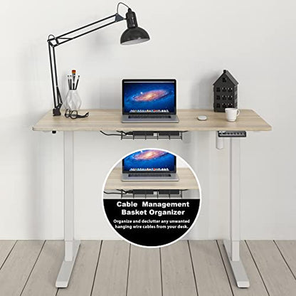 SHW 48-Inch Electric Height Adjustable Sit to Stand Desk, Maple | with Hanging Hooks and Cable Management, White Frame and Maple Top - color: Maple, size: 48-Inch