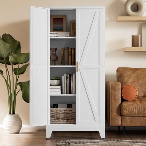 COFaR White Farmhouse Storage Kitchen Pantry Cabinet with 2 Barn Door, 3 Adjustable Shelves and Legs, for Cupboard/Dining Room/Bathroom/Living Room/Office/Laundry Room (White, 61" Farmhouse) - color: White, size: 61" Farmhouse