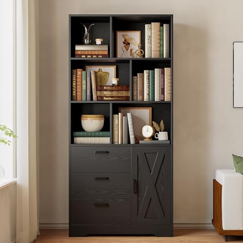 IRONCK 70.9-Inch Bookcase with Doors and 3 Drawers, Black | 6 Open Cubes for Display and Storage, Ample Storage for Books and Decor, Suitable for Living Room, Home Office - color: Black