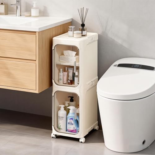 Narrow Storage Cabinet,2-Tier Slim Bathroom Organizer with Wheels,Beige | Turns Unused Narrow Spaces into Organized Storage Slim Outside Spacious Inside Rolls Smoothly Locks Securely Snap Assembly - color: Beige, size: 2-tier