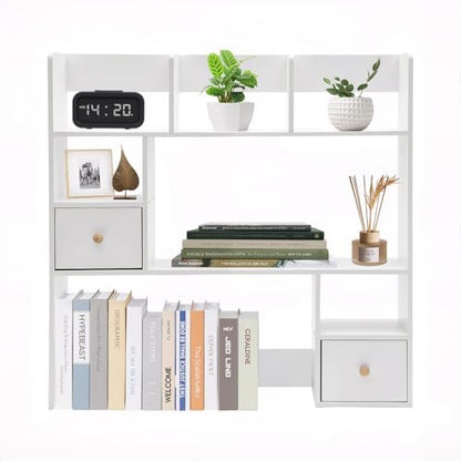 Desktop Bookshelf, 31.5" Tall Countertop Storage Hutch with 7 Compartment and 2 Drawer, Desk 3-Tier Display Rack, Multipurpose Wood Desktop Hutch Storage Organizer for Dorm Office Home (White)