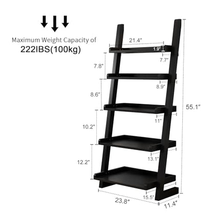 AQIMUELE Black Wooden Ladder Shelf with Edges, 5-Tier Modern Leaning Bookshelf Ladder – Stylish Space-Saving Bookcase for Living Room, Bedroom & Home Office - color: Black, size: 5-Tier
