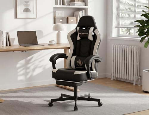 Office Desk Computer Gaming Chair for Adults, Ergonomic High Back Gamer Chair with Massage and Pocket Spring Cushion, Swivel Comfy Video Game Chairs with Footrest and Lumbar Support (Black White) - color: Base White Leather