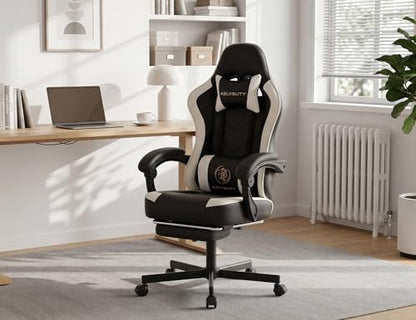 Office Desk Computer Gaming Chair for Adults, Ergonomic High Back Gamer Chair with Massage and Pocket Spring Cushion, Swivel Comfy Video Game Chairs with Footrest and Lumbar Support (Black White) - color: Base White Leather