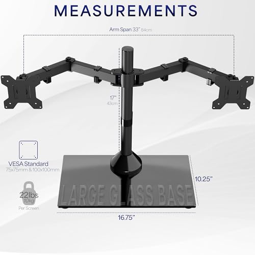 VIVO Freestanding Dual Monitor Stand with Sleek Glass Base and Adjustable Arms, Mounts 2 Screens up to 32 inch and 22 lbs Each, Black, STAND-V002FG - color: Black, size: 13" to 32" Screens