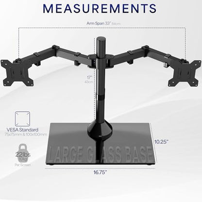 VIVO Freestanding Dual Monitor Stand with Sleek Glass Base and Adjustable Arms, Mounts 2 Screens up to 32 inch and 22 lbs Each, Black, STAND-V002FG - color: Black, size: 13" to 32" Screens