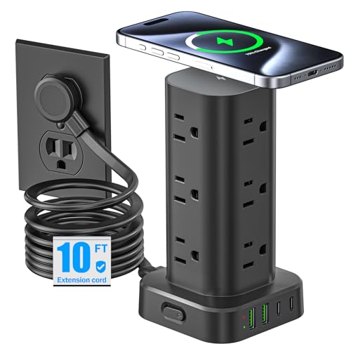 Tower Power Strip with 15W Wireless Charger, 10FT Flat Plug Extension Cord with Multiple Outlets, 12 AC Outlets, 4 USB Ports (2 USB C) Charging Station Surge Protector for Office Home Dorm Room(Black) - color: Black, size: 10FT with wireless charging