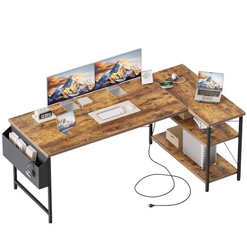 Mericonia 55 inch L Shaped Gaming Desk, Large Corner Desk with Shelves - color: Brown, size: 54 inch