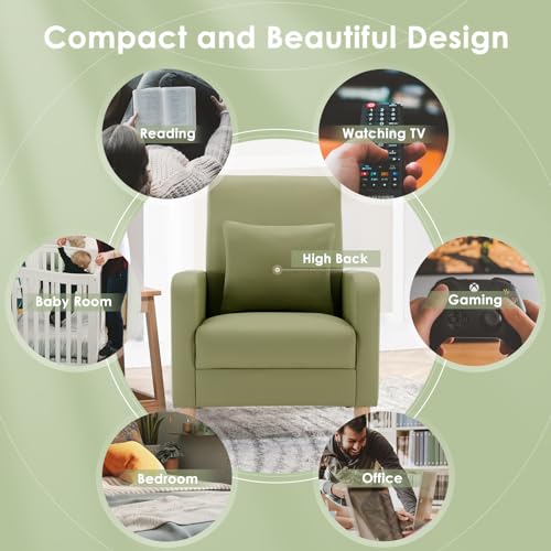 COLAMY Mid-Century Modern Accent Chair, Faux Leather Upholstered Living Room Chair with Back Pillow & Solid Wood Legs, Comfy Armchair for Living Room, Bedroom, Single Sofa, Light Green - color: Light Green, size: Set of 1