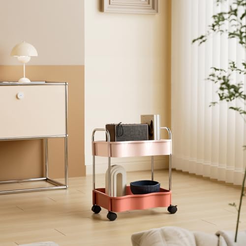 2 Tier Utility Rolling Cart with Wheels Under Desk Storage Cart Organizer with Handle for Home Kitchen Bathroom Office Organization Pink - color: Pink