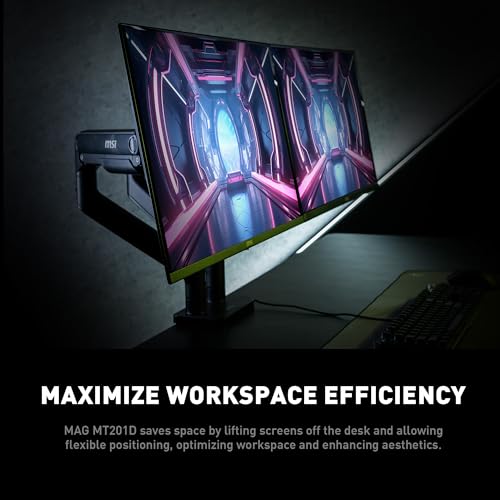 MSI MAG MT201D - Premium Heavy Duty Dual Monitor Stand Arms, 17-45" Support, VESA Compatible, Adjustable Spring Mount, 44 lbs per Screen, Clamp & Grommet, Quick Release Plate - Black - color: Black
