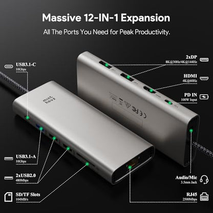 USB C Docking Station Dual Monitor Adapter for Dell HP, Laptop Docking Station 3 Monitors Quad Display USB C Hub Dongle to 4K HDMI+DP,2 USB2.0,100W PD,2.5G Ethernet,12 in 1Dock for Lenovo,Surface