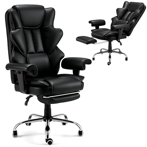 Heated Recliner Office Chair with Massager, Footrest, Height Adjustable Arm | 155° Reclining Big and Tall Executive Chair, 6-Point Vibration, PU Leather Ergonomic Computer Desk Chair for Home Office - color: Black