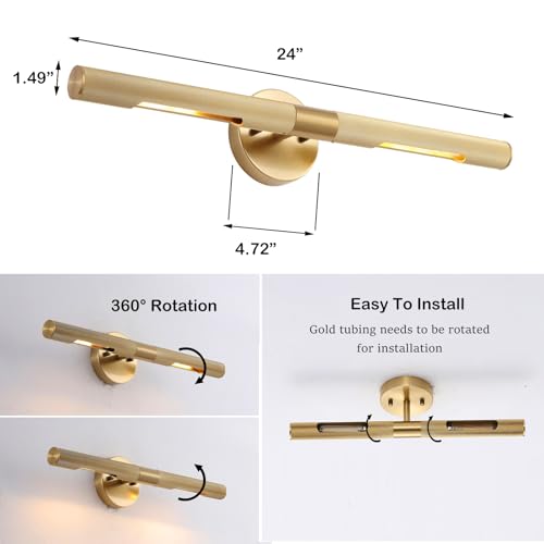 Brushed Brass Picture Light 24 inches Modern Gold Wall Sconce with Knurled Texture Cylinder Metal Shades Rotatable 360°Indoor Wall Lighting Fixture Bathroom Vanity Light Bedroom Living Room - color: 24 inches Gold-Knurled Texture Shades