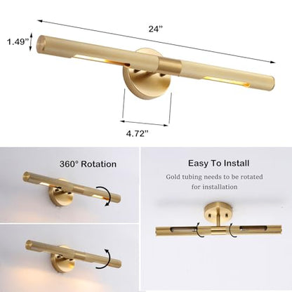 Brushed Brass Picture Light 24 inches Modern Gold Wall Sconce with Knurled Texture Cylinder Metal Shades Rotatable 360°Indoor Wall Lighting Fixture Bathroom Vanity Light Bedroom Living Room - color: 24 inches Gold-Knurled Texture Shades