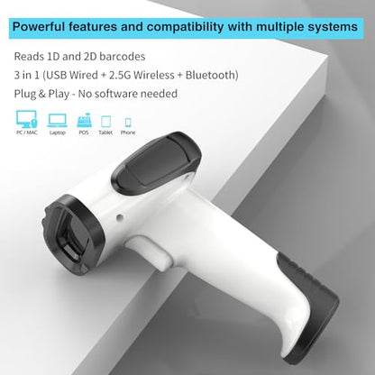 2D Handheld Wireless Barcode Scanner with Stand 3-in-1 Bluetooth bar Code Scanners - Cordless, Rechargeable 1D and 2D Barcode Scanner for Inventory - Wireless, Handheld, USB Bar Code/QR Code Scanner