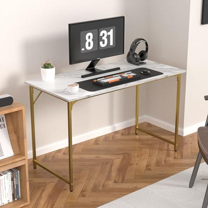 47 Inch Computer Desk with Wood Board and Metal Frame, Modern Simple Style Work Desk with Adjustable Feet, Study Gaming Desk Table for Home Office, Bedroom, Small Spaces - color: Gold