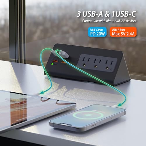 Power Charge Station Edge clamp Mount 15A 1875W with USB-C portsTabletop Surge Protector Desk Clamp Power Sockets with 3 AC Outlets and 4 Fast Charging USB Ports PD 30W Fast Charging