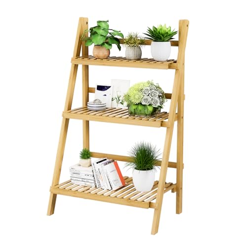 Foldable Ladder Shelf 39.4", Plant Shelf 3 Tier, Bamboo Ladder Bookshelf - color: 3-tier Natural