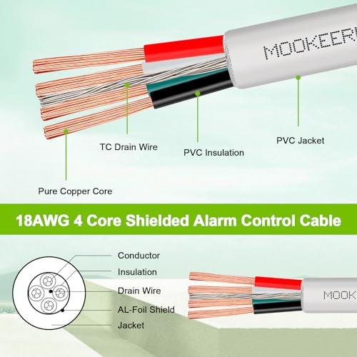 MOOKEERF 18/4 Alarm Wire Shielded Wire 200FT 18 AWG 4 Conductor Stranded Shielded Plenum Cable White CL3P Jacket for Security/Alarm/Access Control/Sound-18AWG 4 Conductors Wire - size: 200FT, style: 18/4