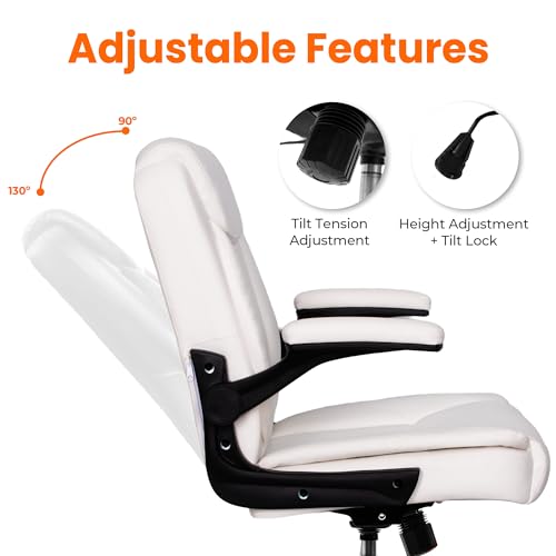 NEO CHAIR PU Leather Office Desk Chair with Adjustable Arms, White | Ergonomic Mid Back Computer Desk Chair Comfy with Wheels Swivel Rolling for Home Office Gaming Study - color: White