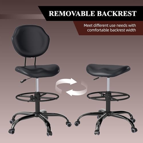 Drafting Chair with Back Support, Tall Desk Rolling Stool (Black, Set of 2) | Armless High Faux Leather Office Chair with Footrest Ring, Height Adjustable, Suitable for Standing Desk, Workbench, Studios - size: 2PK
