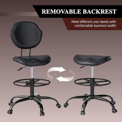Drafting Chair with Back Support, Tall Desk Rolling Stool (Black, Set of 2) | Armless High Faux Leather Office Chair with Footrest Ring, Height Adjustable, Suitable for Standing Desk, Workbench, Studios - size: 2PK