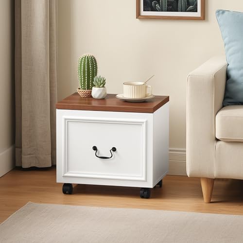 MAHANCRIS 1 Drawer File Cabinet, Rolling File Cabinet for Home Office, Wooden Under Desk Storage, Printer Stand with Drawers, for A4/Letter-Size Files, White and Walnut FCBA3701 - size: 1 Drawer