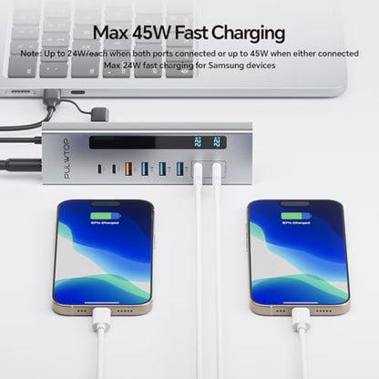 Powered USB C Hub 11-in-1 USB Hub with 2 * 24/45W Type-C PD Charging Ports | PULWTOP USB Powered Hub with SD/TF, 2*USB-C 10Gbps, 4*USB-A 5/10Gbps (72W DC Adapter Included) Not Support Video