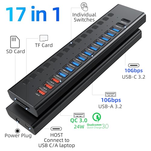 VANGREE Powered USB Hub 10Gbps, 17 Ports USB 3.2 Hub, 96W Power Adapter - color: Black