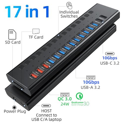 VANGREE Powered USB Hub 10Gbps, 17 Ports USB 3.2 Hub, 96W Power Adapter - color: Black