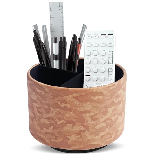 Round Leather Art Supply Organizer,Remote Control Holder,360 Degree Rotating,Multi-Functional Pencil Holder,4 Compartments Desktop Stationary Organizer(1-Camouflage Brown) - color: 1-Camouflage Brown