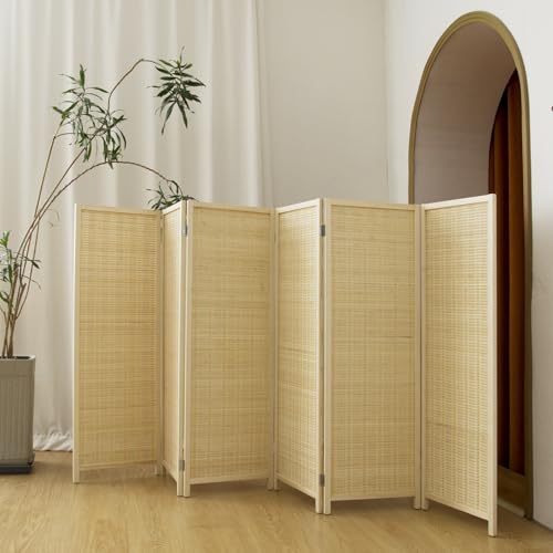 6 Panel Short Panel Divider Screen,3.95 FT Tall Bamboo Room Divider Folding Privacy Screen,Short Panel Divider Freestanding Room Divider for Room Seperation,Beige - color: Beige, size: 6 Panel