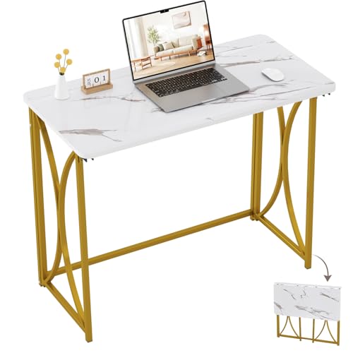 Folding Desk, 31.5" Small Desk for Bedroom, Space Saving Foldable Computer Desk for Home Office, Easy Assembly, White and Gold - size: medium size22