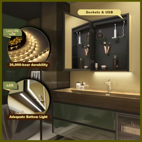 GANPE LED Lighted Bathroom Medicine Mirror Cabinet with Sockets & USBs, Anti-Fog Dimmable Light and Color Adjustment, Easy to Install Aluminum Cabinet (20 * 28 Left Hinge) - color: 20*28 Left Hinge