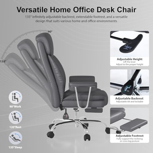 Big and Tall Office Chair, Executive Home Office Desk Chair, Comfy Leather High-Back Reclining Computer Chair with Retractable Footrest and Padded Arms, 360°Swivel Rolling Wheels, Wide Seat, Gray - color: Grey