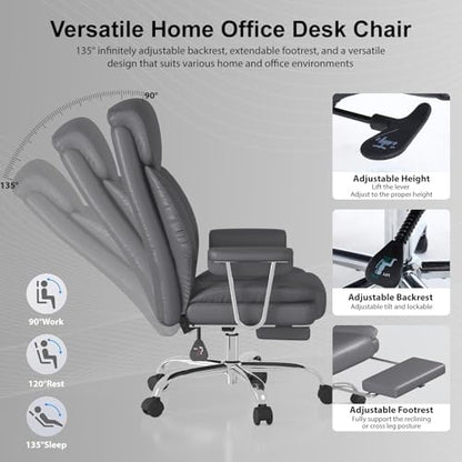 Big and Tall Office Chair, Executive Home Office Desk Chair, Comfy Leather High-Back Reclining Computer Chair with Retractable Footrest and Padded Arms, 360°Swivel Rolling Wheels, Wide Seat, Gray - color: Grey