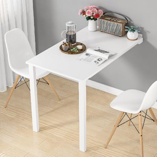 Wall Mounted Folding Table, White Drop Leaf Dining Table with Support Legs Fold Down Desk for Small Space Kitchen Study Dining Room Apartment