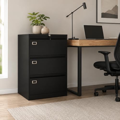 40 Inch 3 Drawer Metal Filing Cabinet, Black Office Storage Cabinet with 0.6mm Cold Rolled Steel, Business Card Label Slot, Vertical Metal File Cabinet for Office Home Workspace - size: 40in 3drawers
