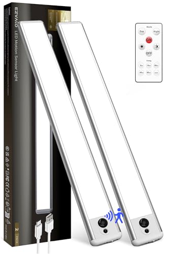 EZVALO 2 Pack Under Cabinet Lights, 14.5'' Magnetic Motion Sensor Light, 4000mAh Large Capacity Rechargeable Closet Light, Remote Control Dimmable 5700K Cool White for Kitchen, Stairs, Hallway - color: Cool White, size: 2Pack-14.5inch