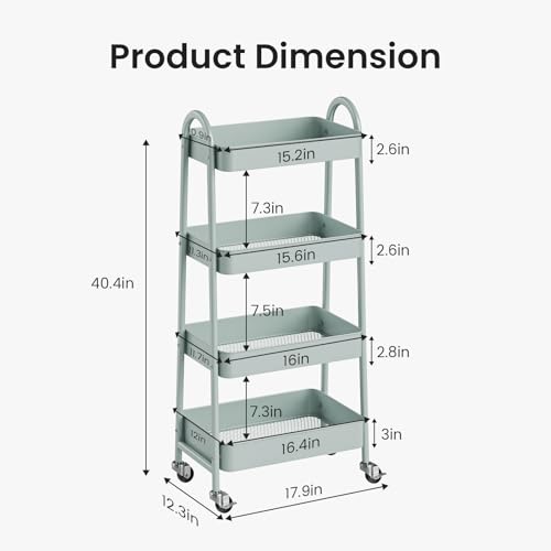 DUMOS 4 Tiers Rolling Utility Cart, Storage Organizer, Shelving Unit | Metal, Lockable Wheels, Mobile, Kitchen, Bathroom, Laundry, Narrow Places, Light Green - color: 4-tier Green
