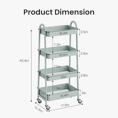 DUMOS 4 Tiers Rolling Utility Cart, Storage Organizer, Shelving Unit | Metal, Lockable Wheels, Mobile, Kitchen, Bathroom, Laundry, Narrow Places, Light Green - color: 4-tier Green