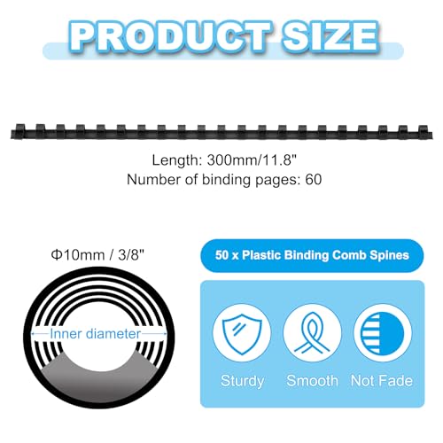 PATIKIL 10mm (3/8") Plastic Binding Combs, 50 Pcs 21 Rings Comb Binding Spines 60 Sheet Capacity Letter Size for Binding Paper Sheets, Black - color: Black, size: 10mm