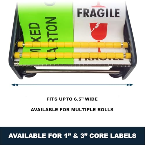 MDJ by Excell Manual Label Sticker Dispenser with 4 Suction Cups Base for Tabletop, Adjustable holder for multiple rolls for Office, Home, School, Warehouse, Easy Peel Off, Fits up to 6.5" Wide Labels - size: 6" Wide w/ Plastic Frame