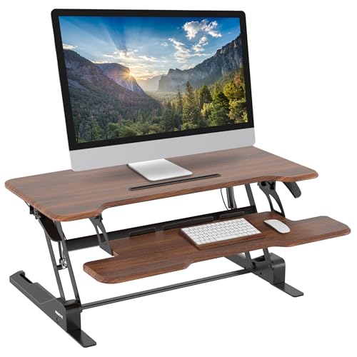 Mount-It! Large 38 Inch Standing Desk Converter, Sit Stand Desk Riser for Dual Monitors with Keyboard Tray, Height Adjustable Desktop Workstation, Easy Lift Gas Spring, Rustic Walnut Brown - color: Dark Walnut, size: 38 Inches